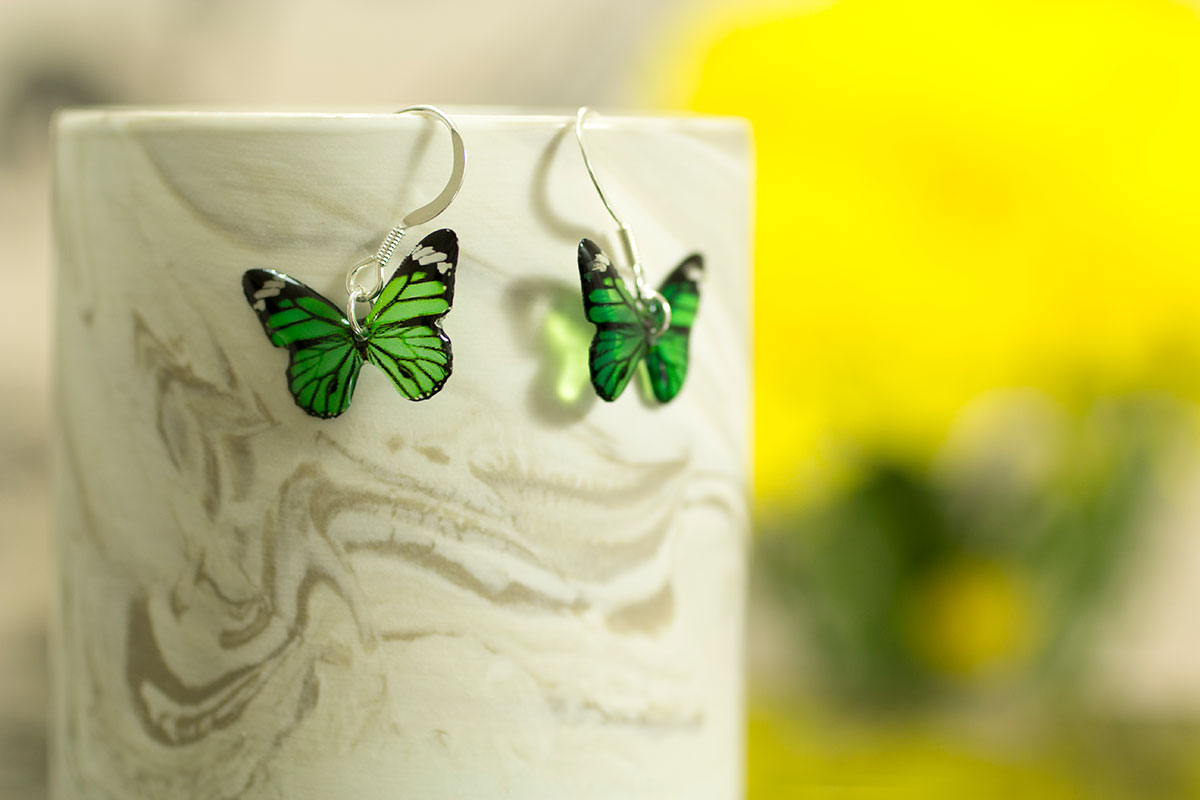 Garden Flower and Monarch. Monarch earrings on silver - Green