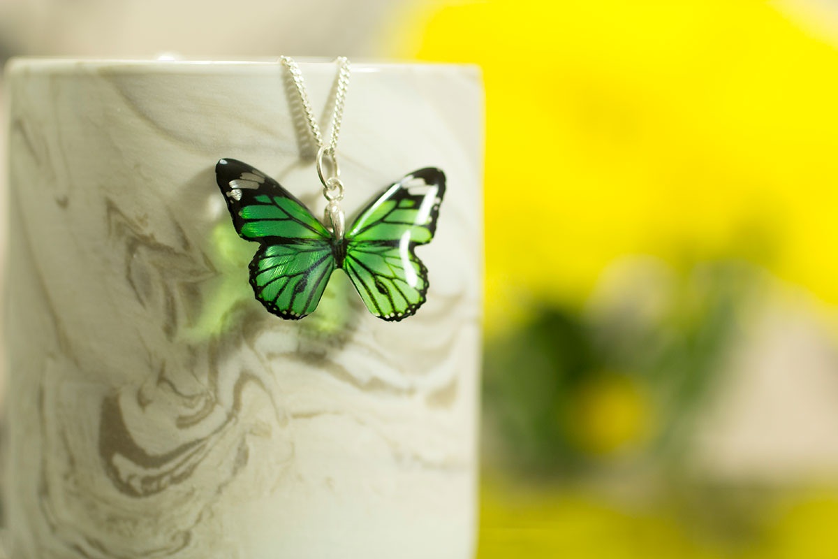 Garden Flower and Monarch. New Colours. Monarch necklace on silver chain - Green