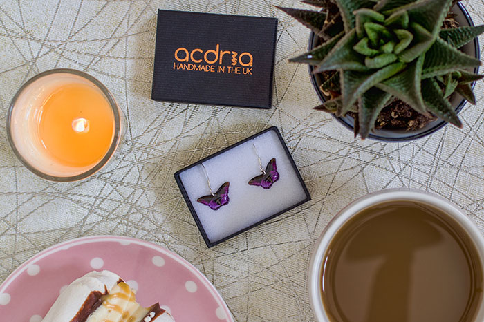 New colour for the Admiral Butterfly. Admiral butterfly earrings. purple